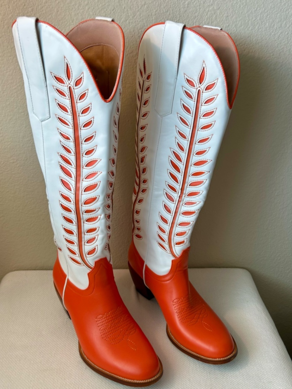 Cowboy Boot Tall Orange White Leaves Inlay Stitching Wide Calf Heel 1.5" Size 8 - Picture 2 of 13